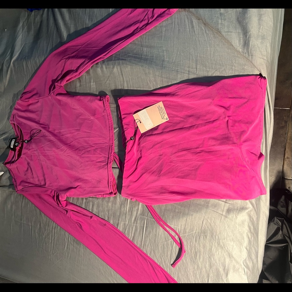 NWT Misguided Mini Ruched Slinky Top and Bum skirt Set-Hot Pink Size 4